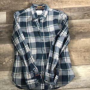 Denim & Flower Plaid Button-Up in Navy, Gray and Teal with Orange Accents